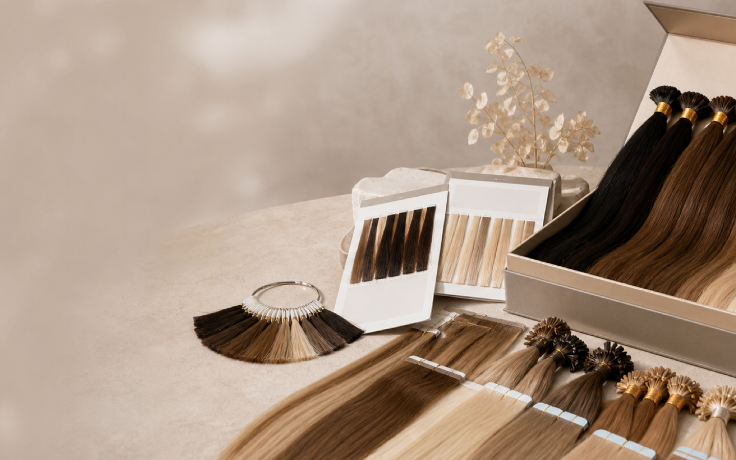 Human hair extension sample kit and colour swatches